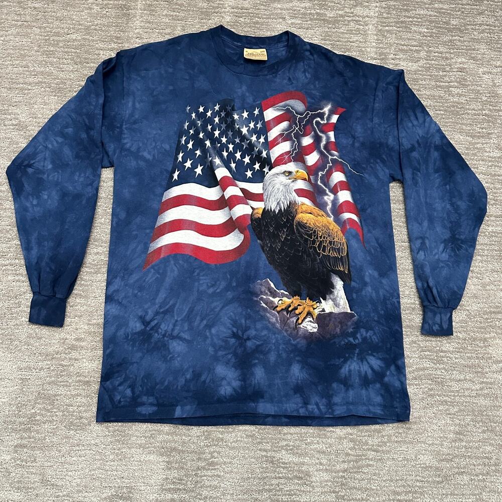 VTG The Mountain Shirt Mens XXL Blue Tie Dye American Flag Eagle Patriotic 90s